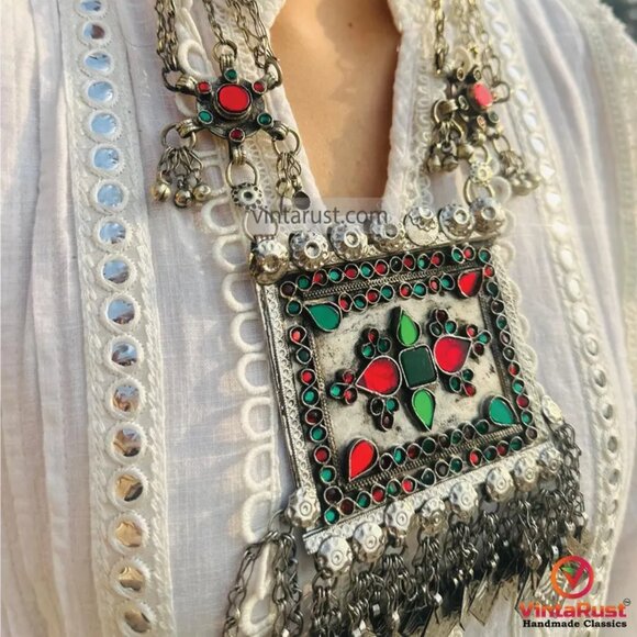 Ethnic Afghan Tribal Necklace, Handcrafted Afghan Necklace with Red and Green - Picture 2 of 11